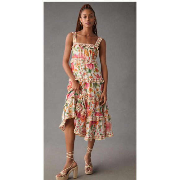 NEW, Farm Rio Square-Neck Tiered Ruffle Dress SZ L #MD1078 - Picture 8 of 11